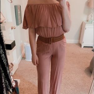 rose off the shoulder long jumpsuit